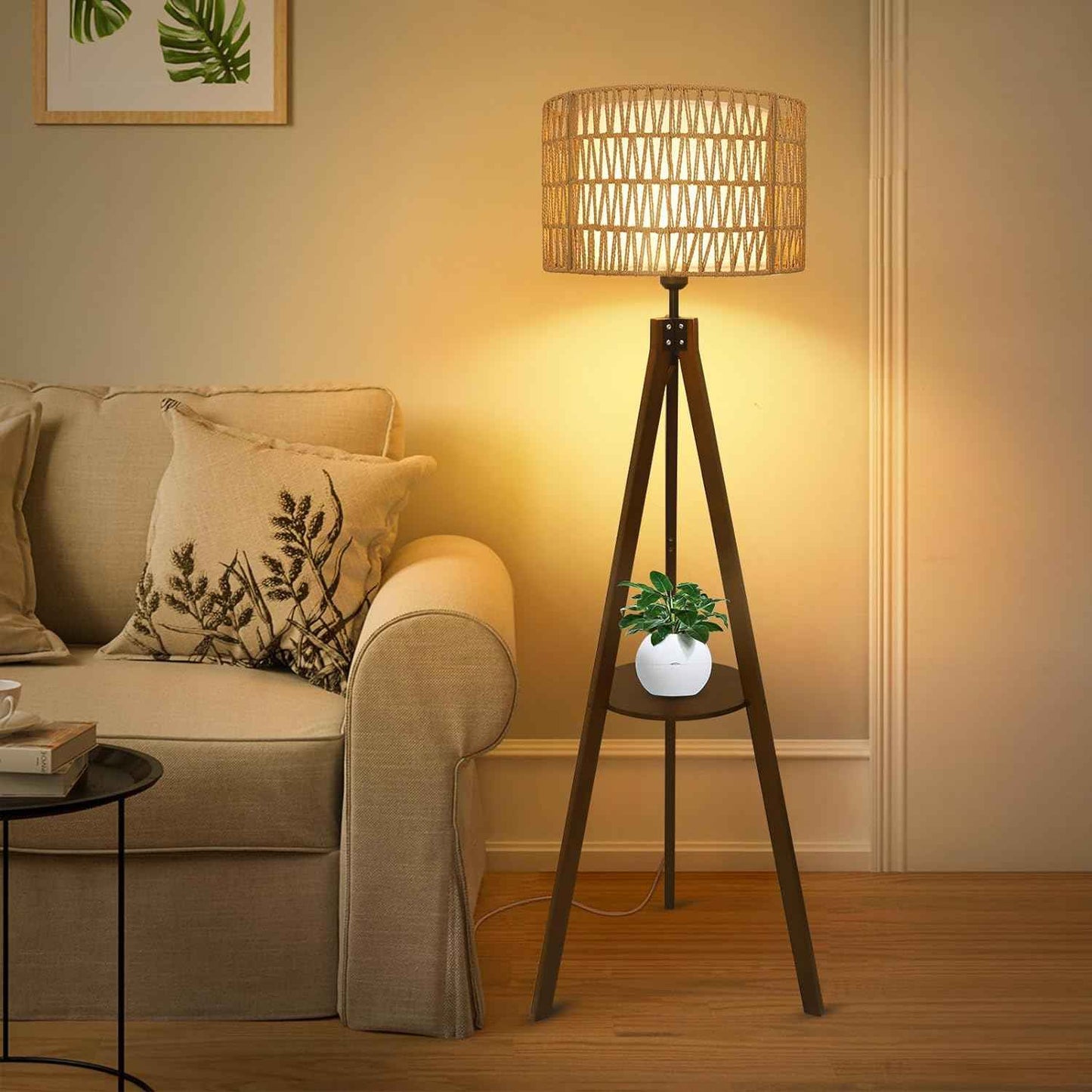 Boho Tripod Floor Lamp with Shelves, Mid Century Wood Standing Lamp with Rattan & Fabric Shades, ON/Off Foot Switch Office