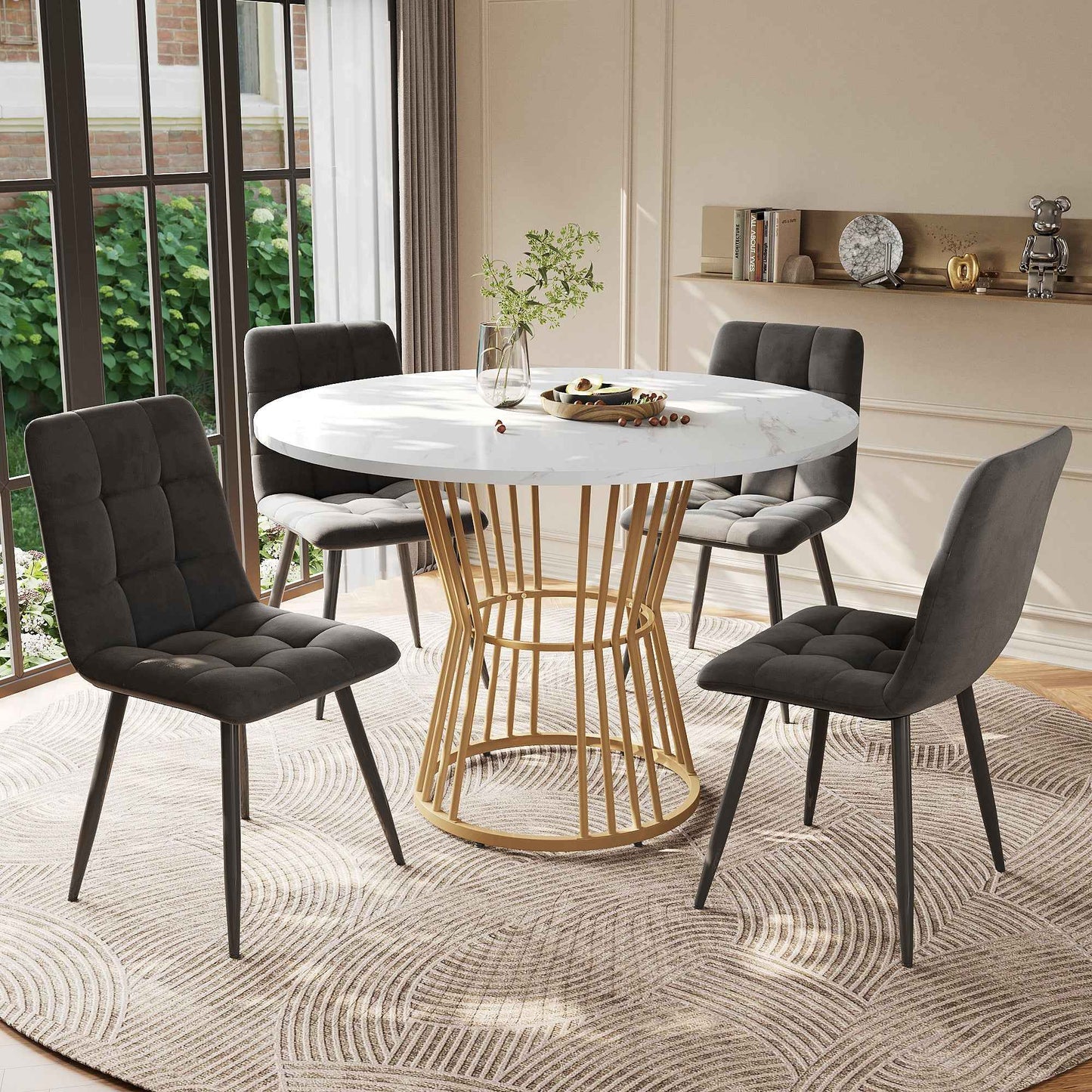 Stylish 5-Piece Round Dining Table Set with Golden Legs and Gray Linen Chairs