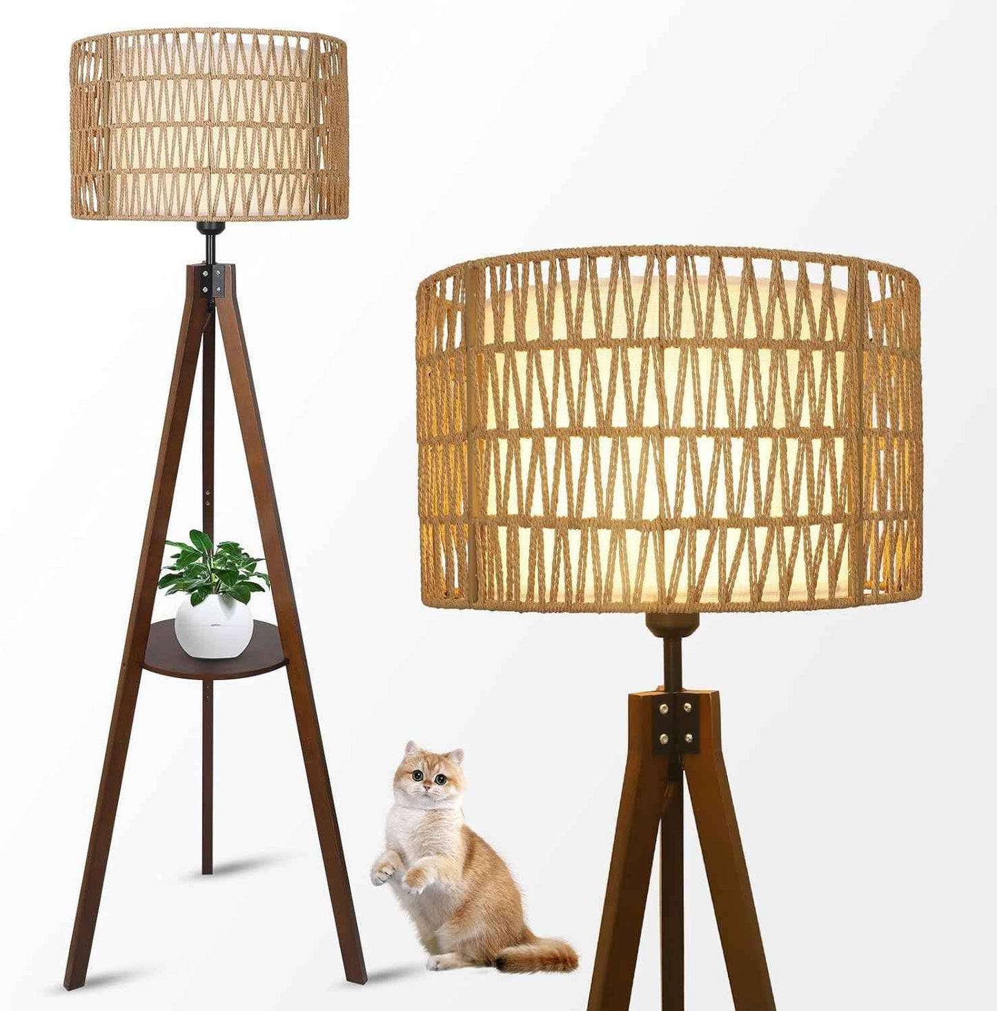 Boho Tripod Floor Lamp with Shelves, Mid Century Wood Standing Lamp with Rattan & Fabric Shades, ON/Off Foot Switch Office