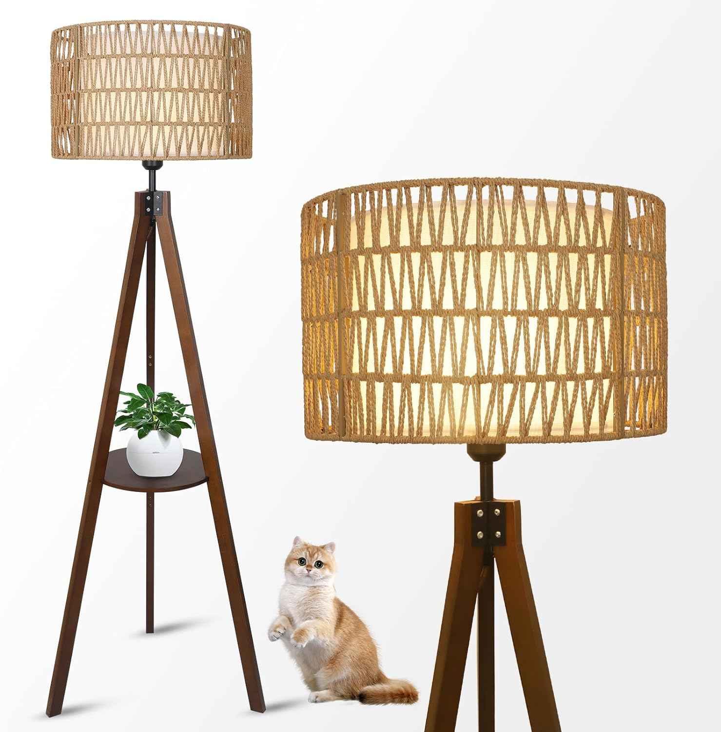 Boho Tripod Floor Lamp with Shelves, Mid Century Wood Standing Lamp with Rattan & Fabric Shades, ON/Off Foot Switch Office