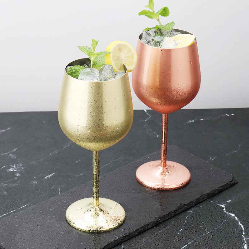 500ml Creative 304 Stainless Steel Single Layer High Footed Red Wine Glass Colorful Large Capacity Drum-Shaped Drop Resistant Copper-Plated Wine Glass