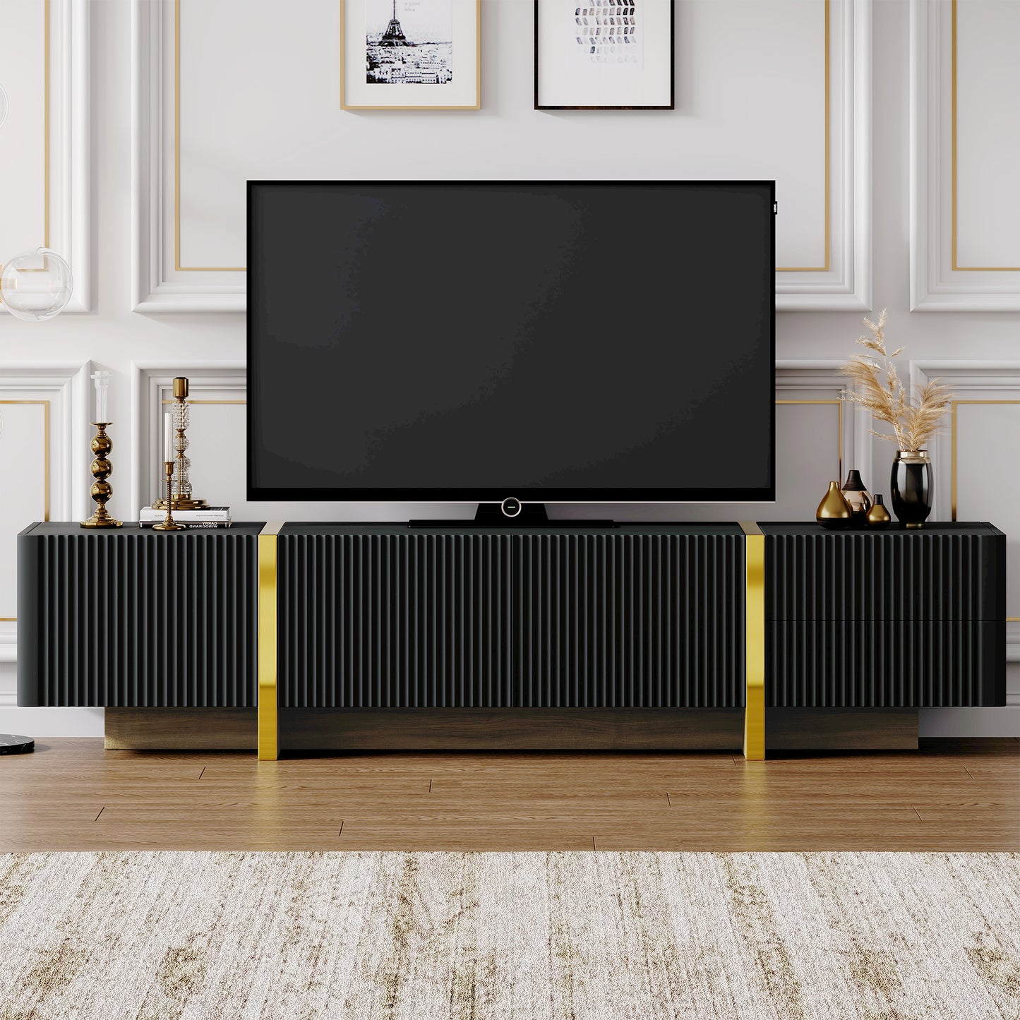 Modern Black Fluted TV Stand For 80 Inch Tv With Storage