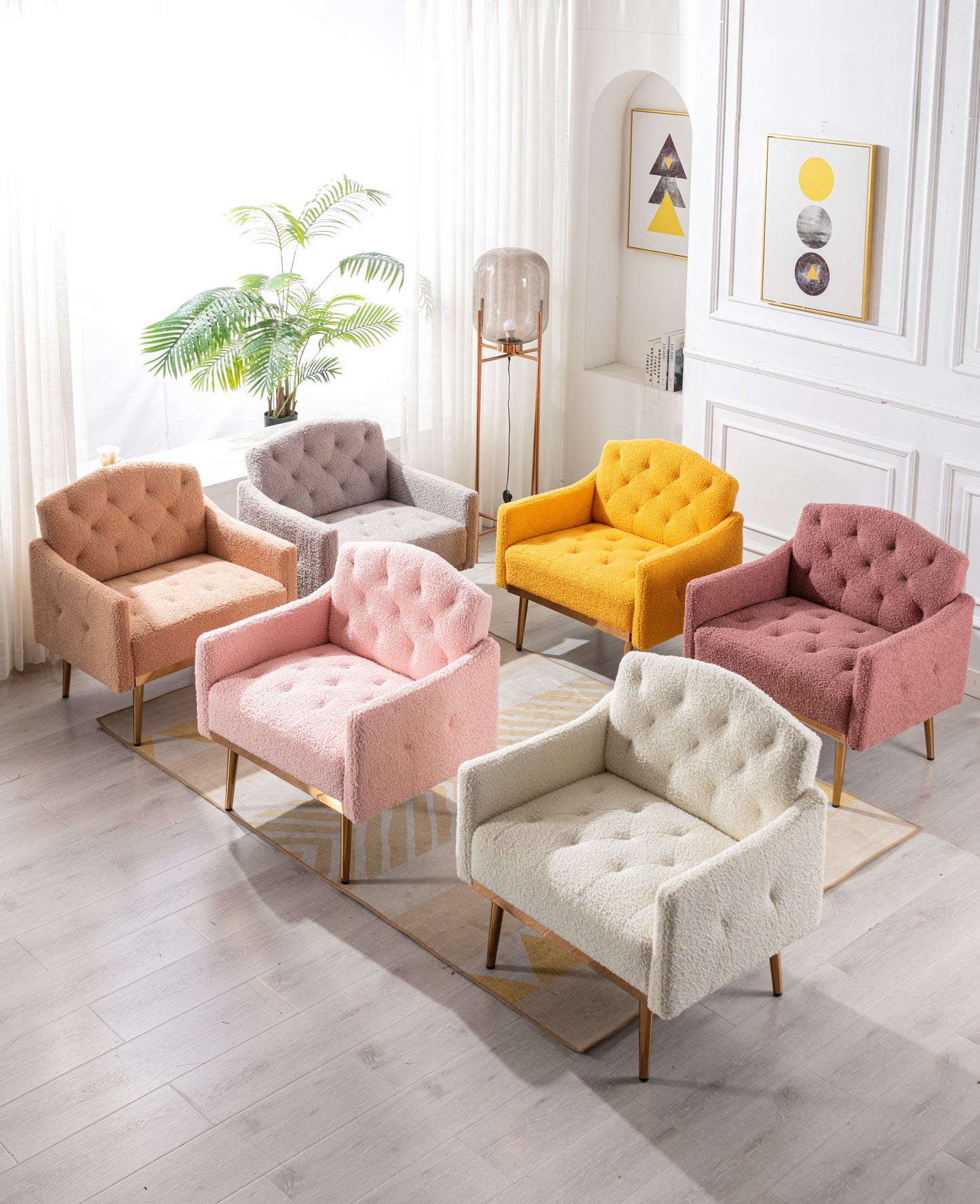Coolmore Modern White Teddy Fabric Armchair With Gold Legs