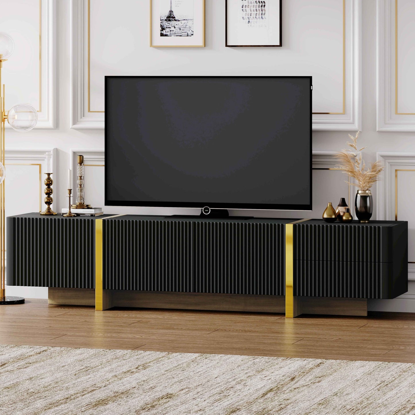 Modern Black Fluted TV Stand For 80 Inch Tv With Storage