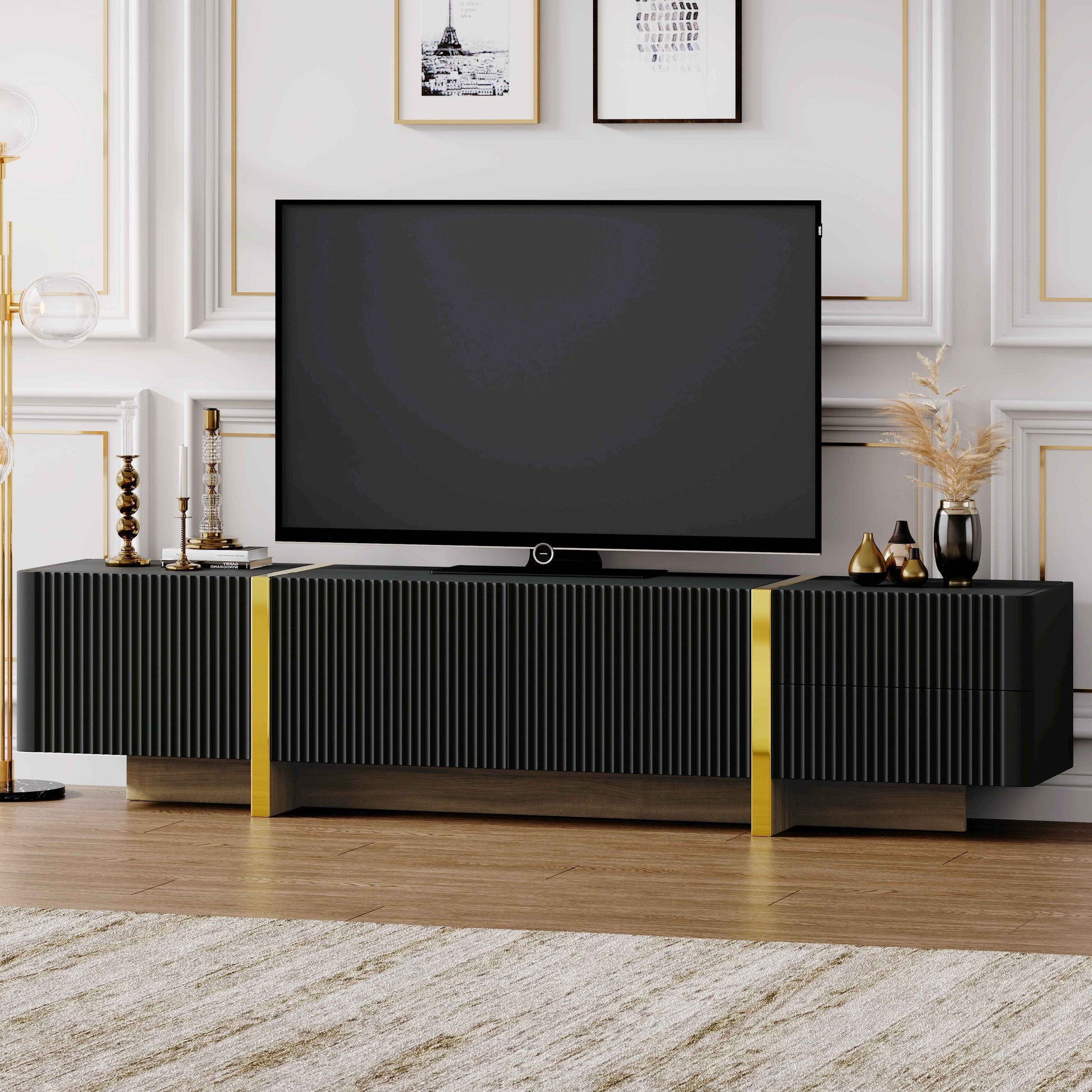 Modern Black Fluted TV Stand For 80 Inch Tv With Storage