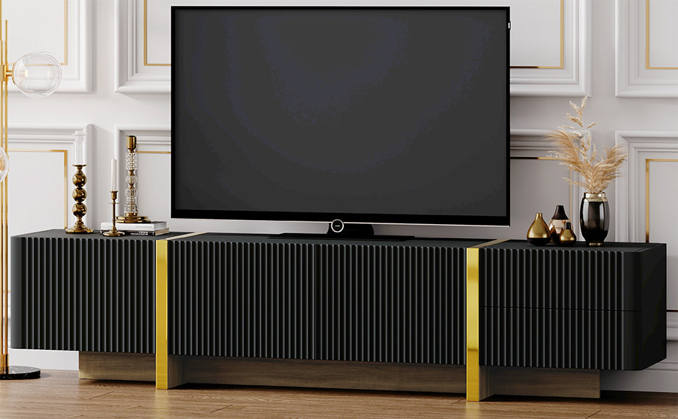 Modern Black Fluted TV Stand For 80 Inch Tv With Storage