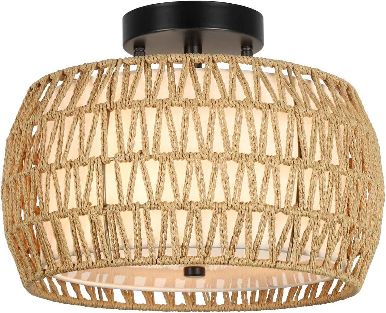 Boho Light Fixtures Ceiling Mount, Rattan Semi Flush Mount Ceiling Light, Farmhouse Light Fixtures with Fabric Shades