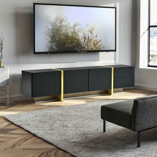 Modern Black Fluted TV Stand For 80 Inch Tv With Storage