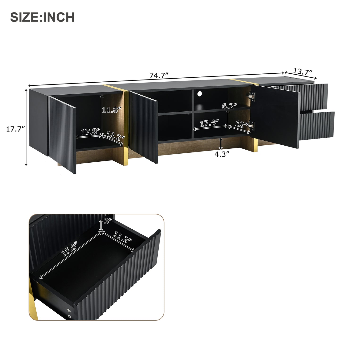 Modern Black Fluted TV Stand For 80 Inch Tv With Storage