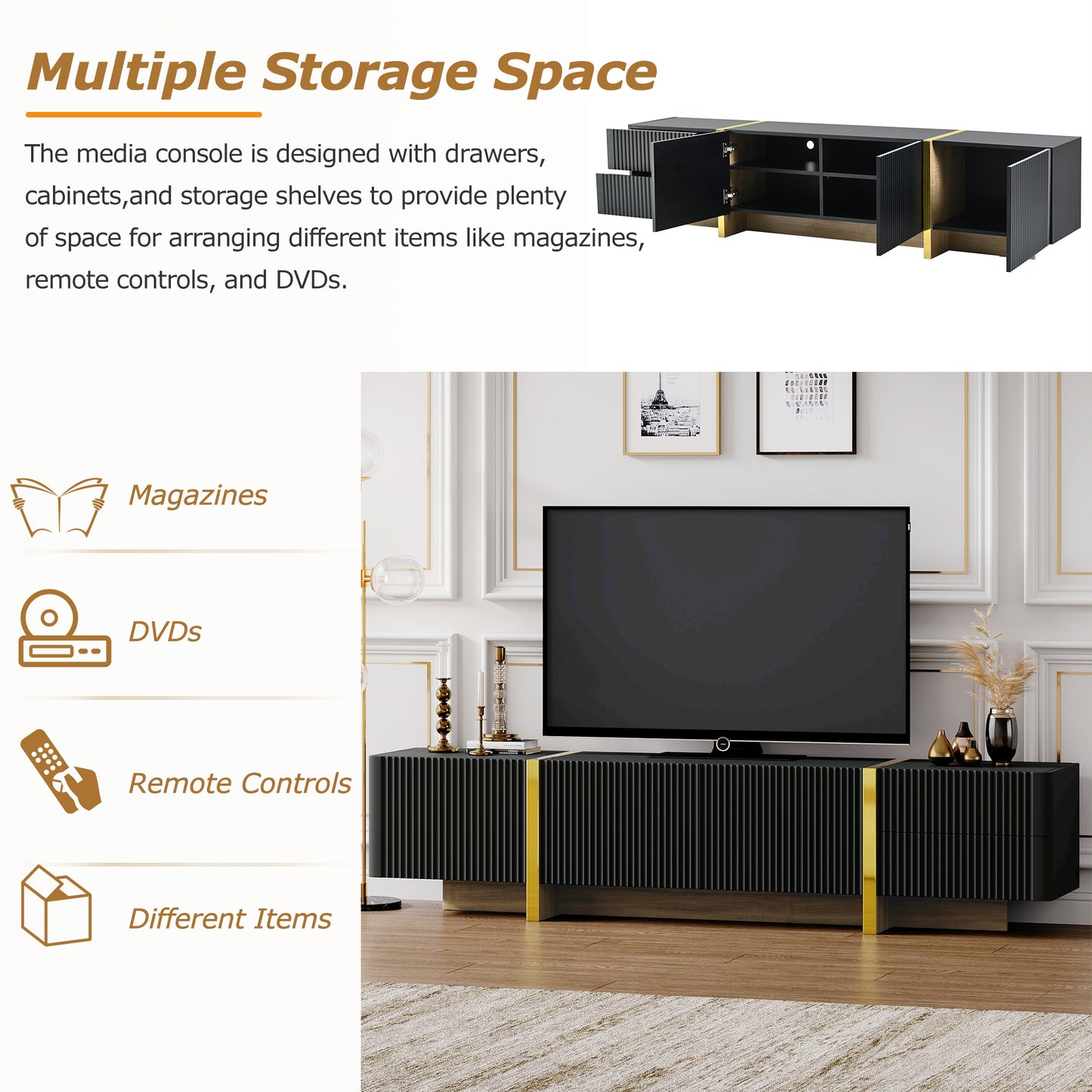 Modern Black Fluted TV Stand For 80 Inch Tv With Storage