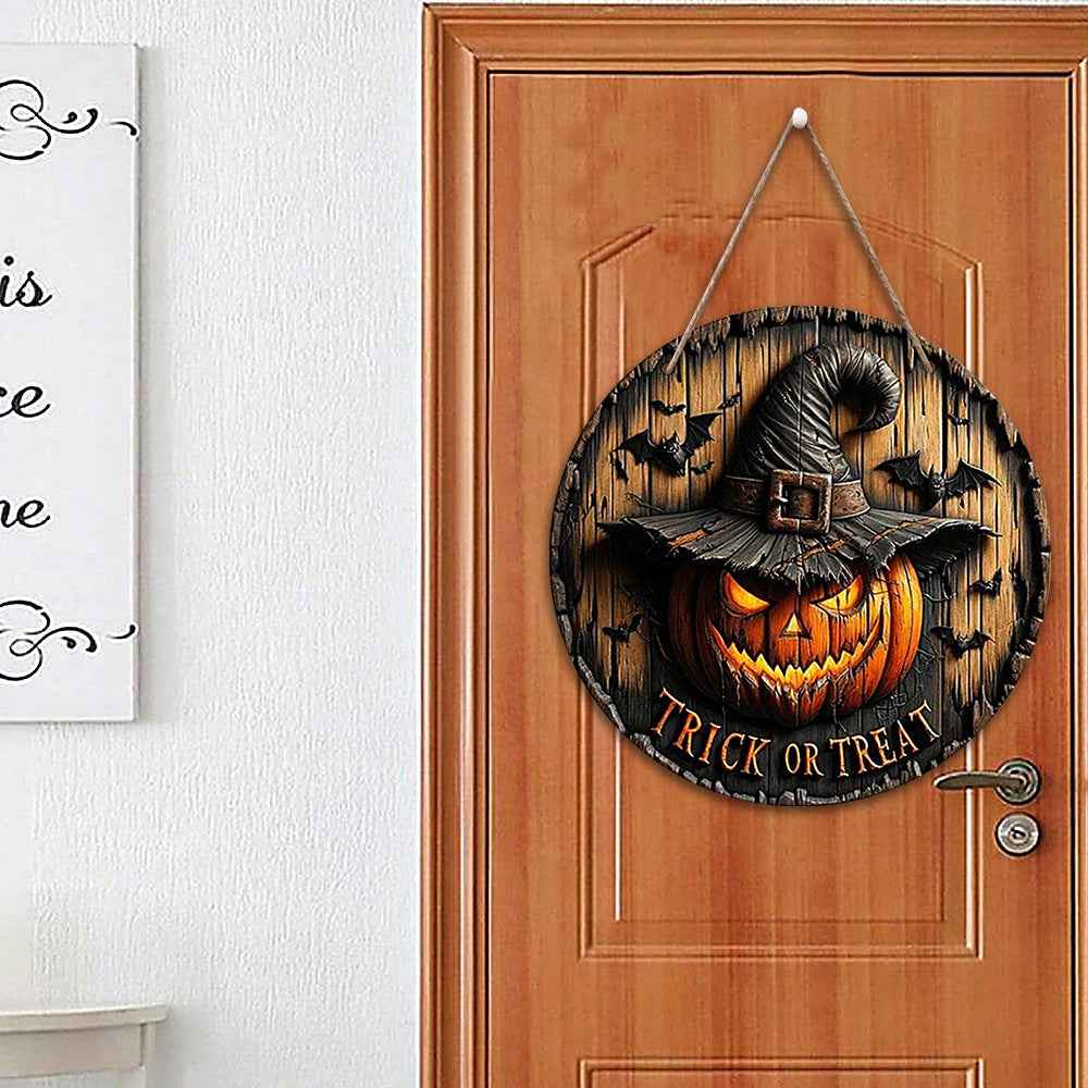 Halloween Wooden Round Pumpkin Sign Plaque Door Hanging Decor for Halloween Party Wooden Front Door Sign