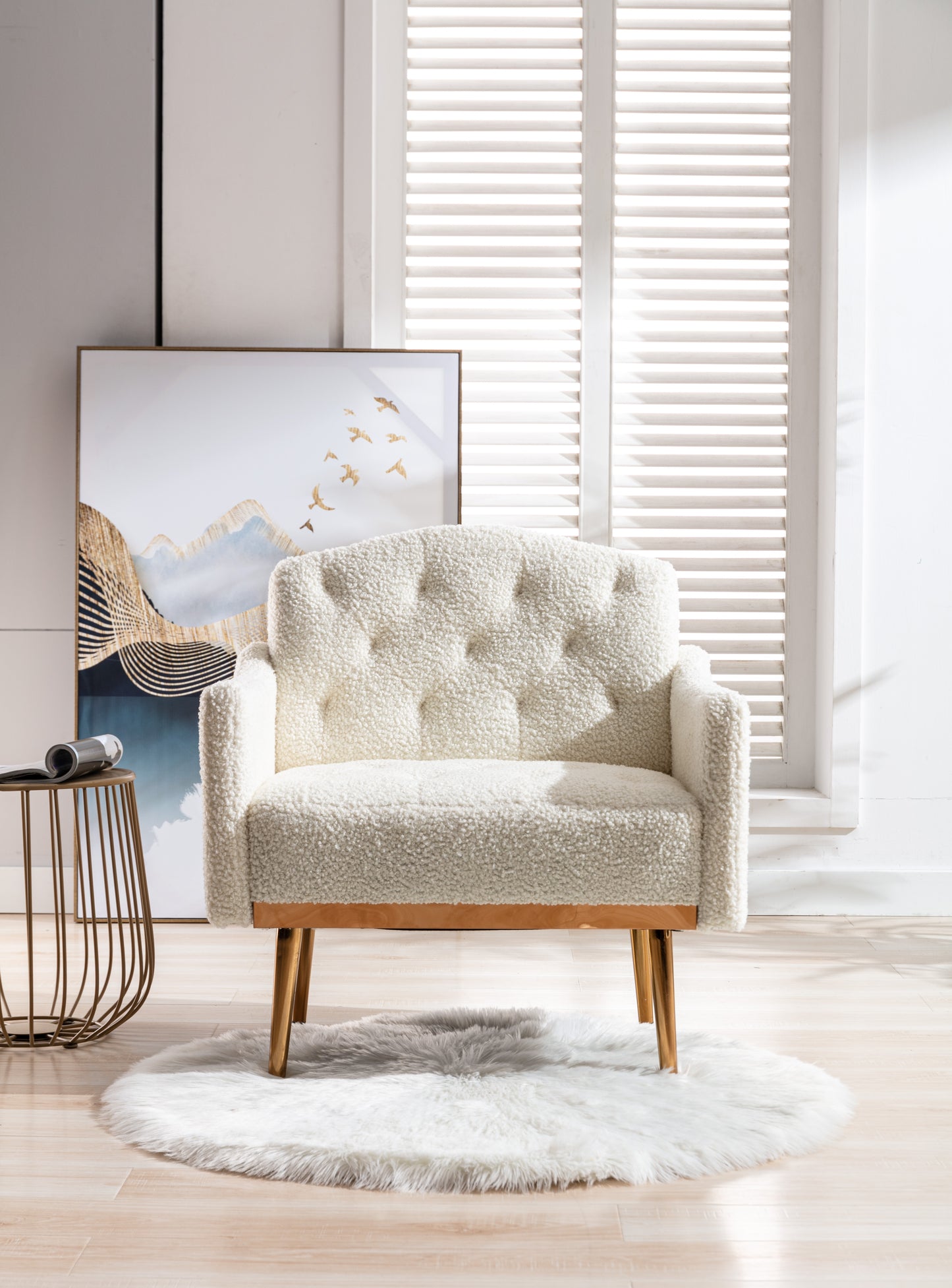 Coolmore Modern White Teddy Fabric Armchair With Gold Legs