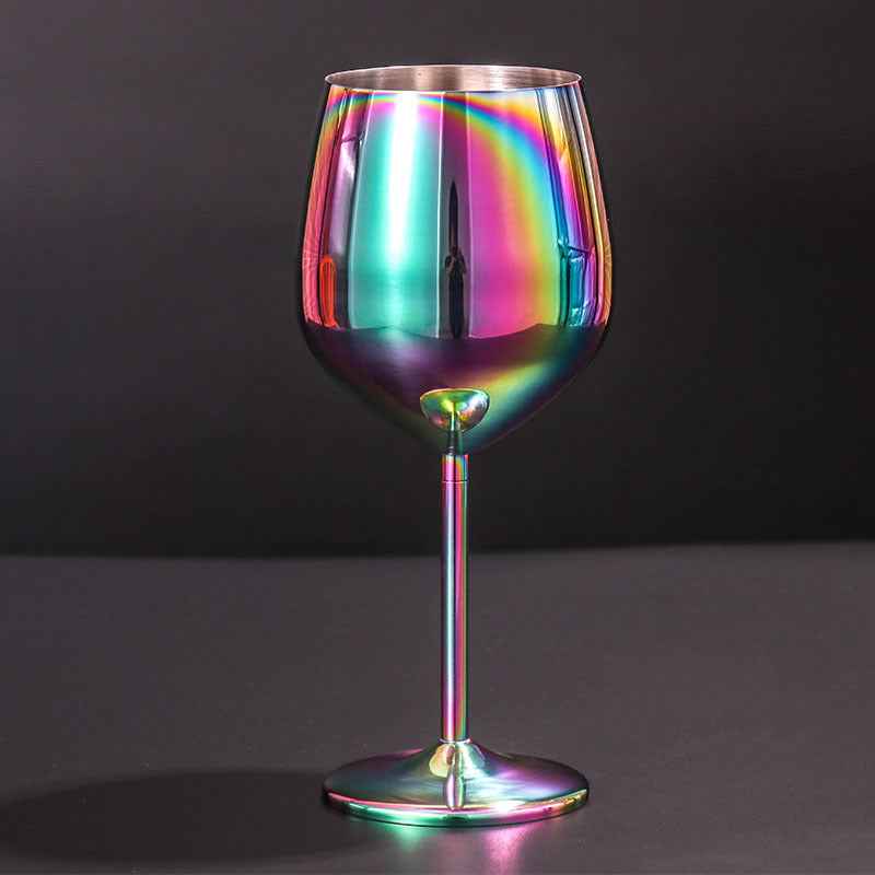 500ml Creative 304 Stainless Steel Single Layer High Footed Red Wine Glass Colorful Large Capacity Drum-Shaped Drop Resistant Copper-Plated Wine Glass