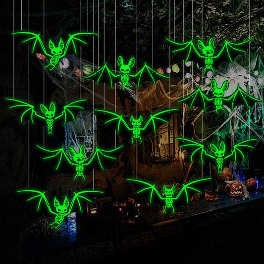 10pcs Halloween Decorations 3D Hanging Bat Fluorescent Glow-in-the-Dark Wall Stickers for Haunted House Party Decoration