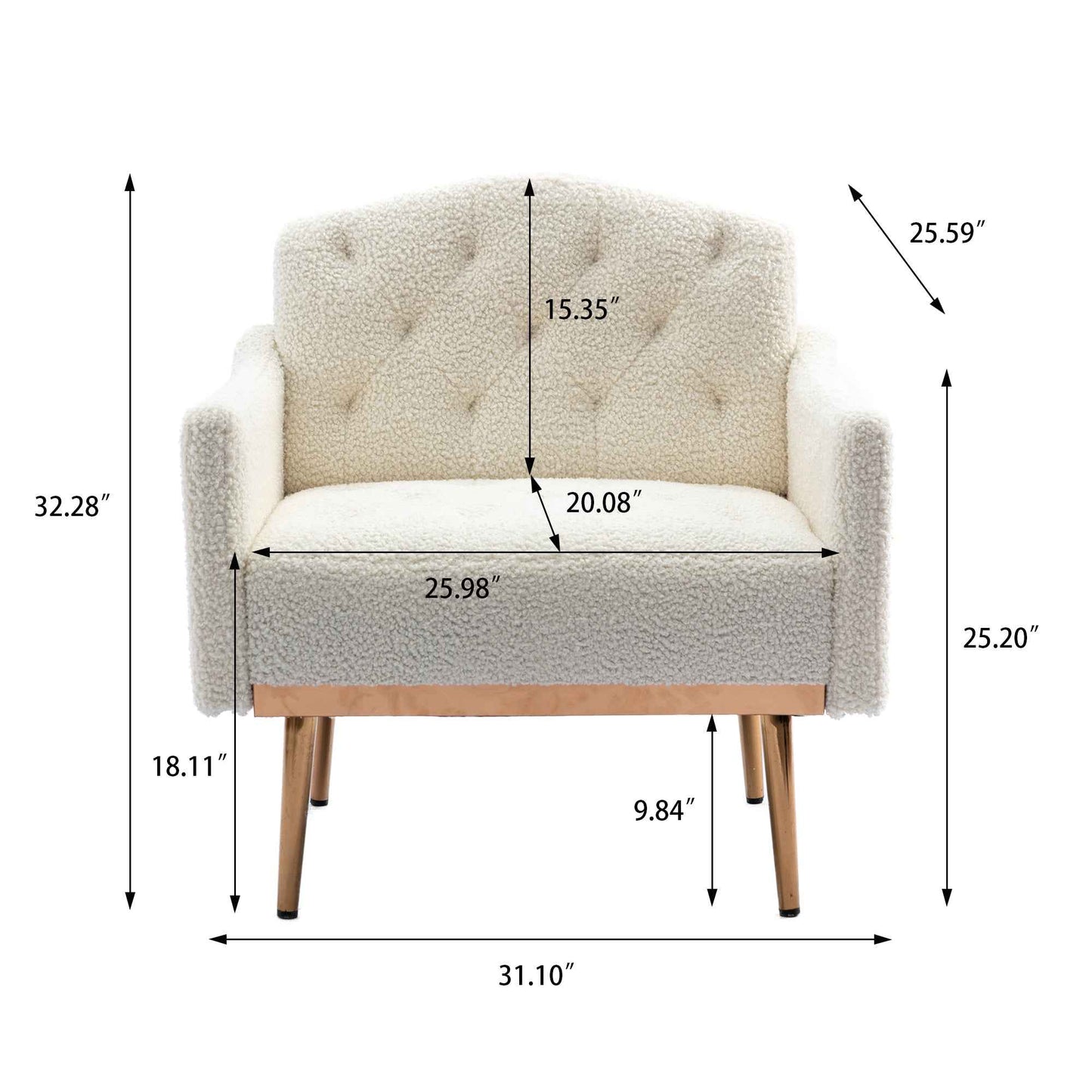 Coolmore Modern White Teddy Fabric Armchair With Gold Legs