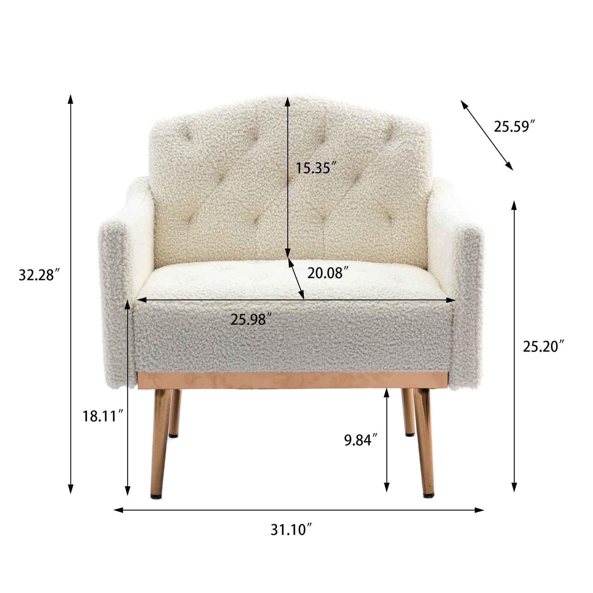 Coolmore Modern White Teddy Fabric Armchair With Gold Legs