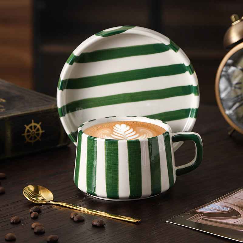 Simple Hand-Drawn Stripe Ceramic Mug, Creative Multi-Color Gift Cup, Coffee Cup with Saucer