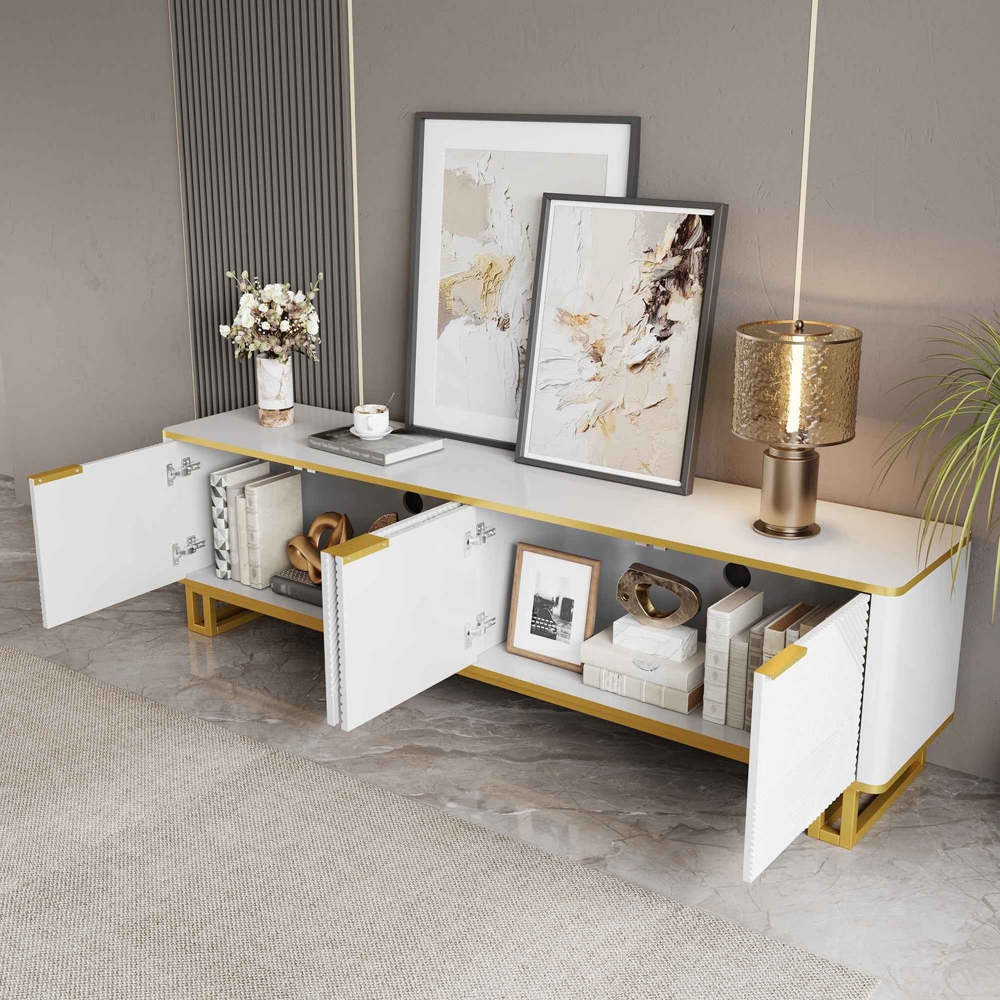 Elegant White and Gold Geometric TV Cabinet for Stylish Living Spaces