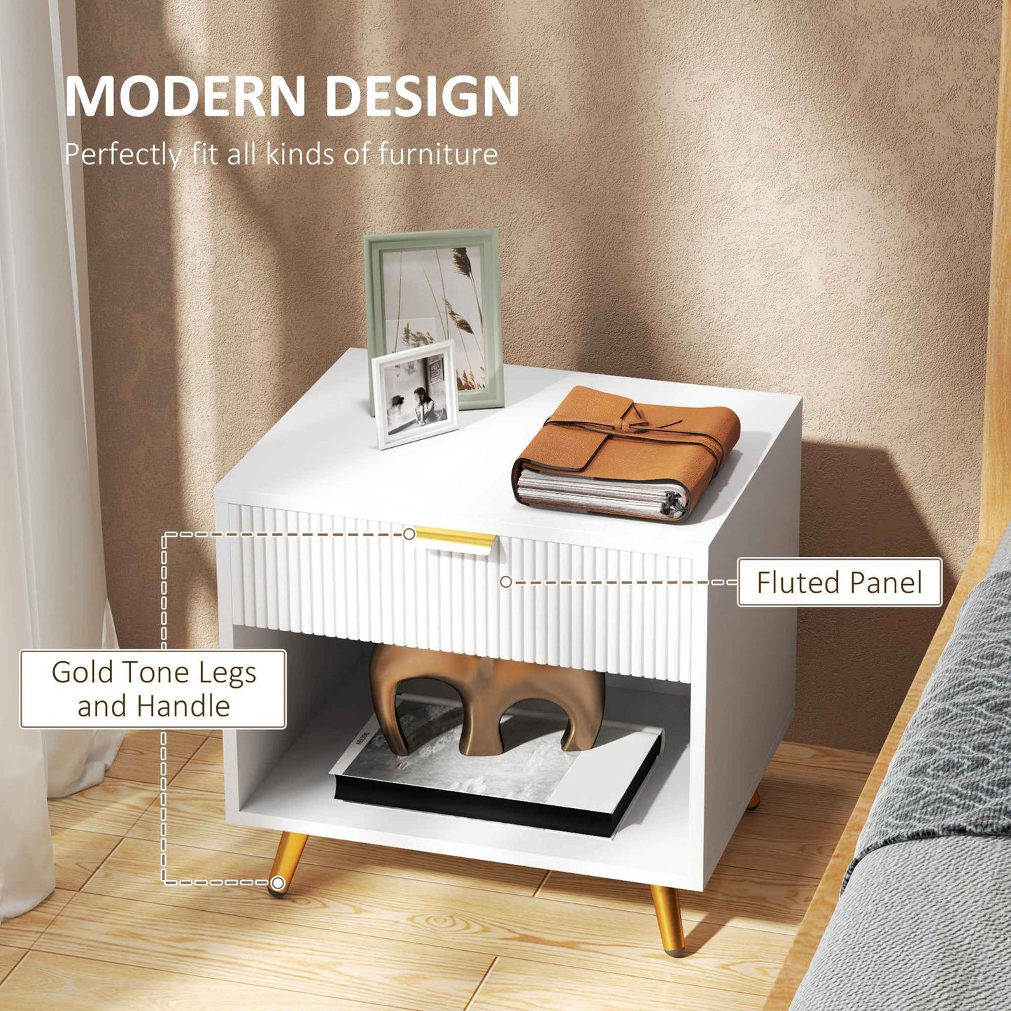 Elegant Bedside Table, With Drawer And Shelf - White/Gold Tone