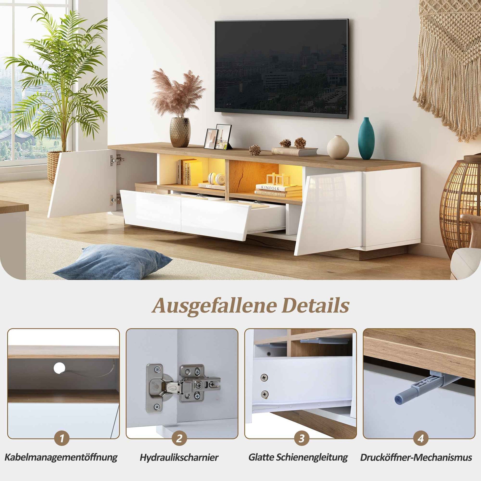 LED TV Stand For 65 Inch TV, Modern Wood Media Console With Storage Drawers, Cabinets And Cable Management, Low Profile Entertainment Center For Living Room Bedroom, White & Oak