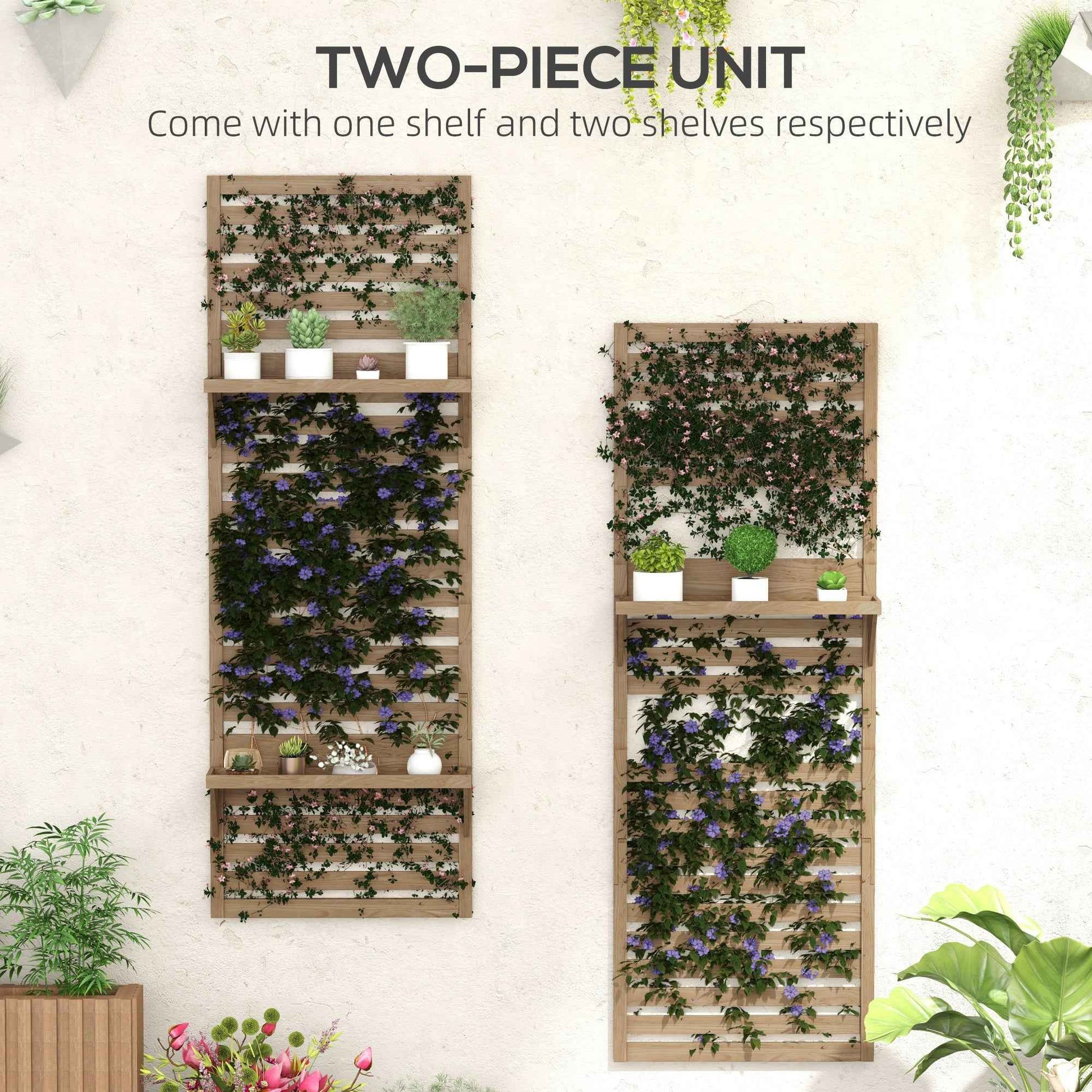 Wall Mounted Plant Stands Set Of 2, Fir Wood Flower Stand With Shelves And Slatted Trellis For Patio, Balcony, Porch