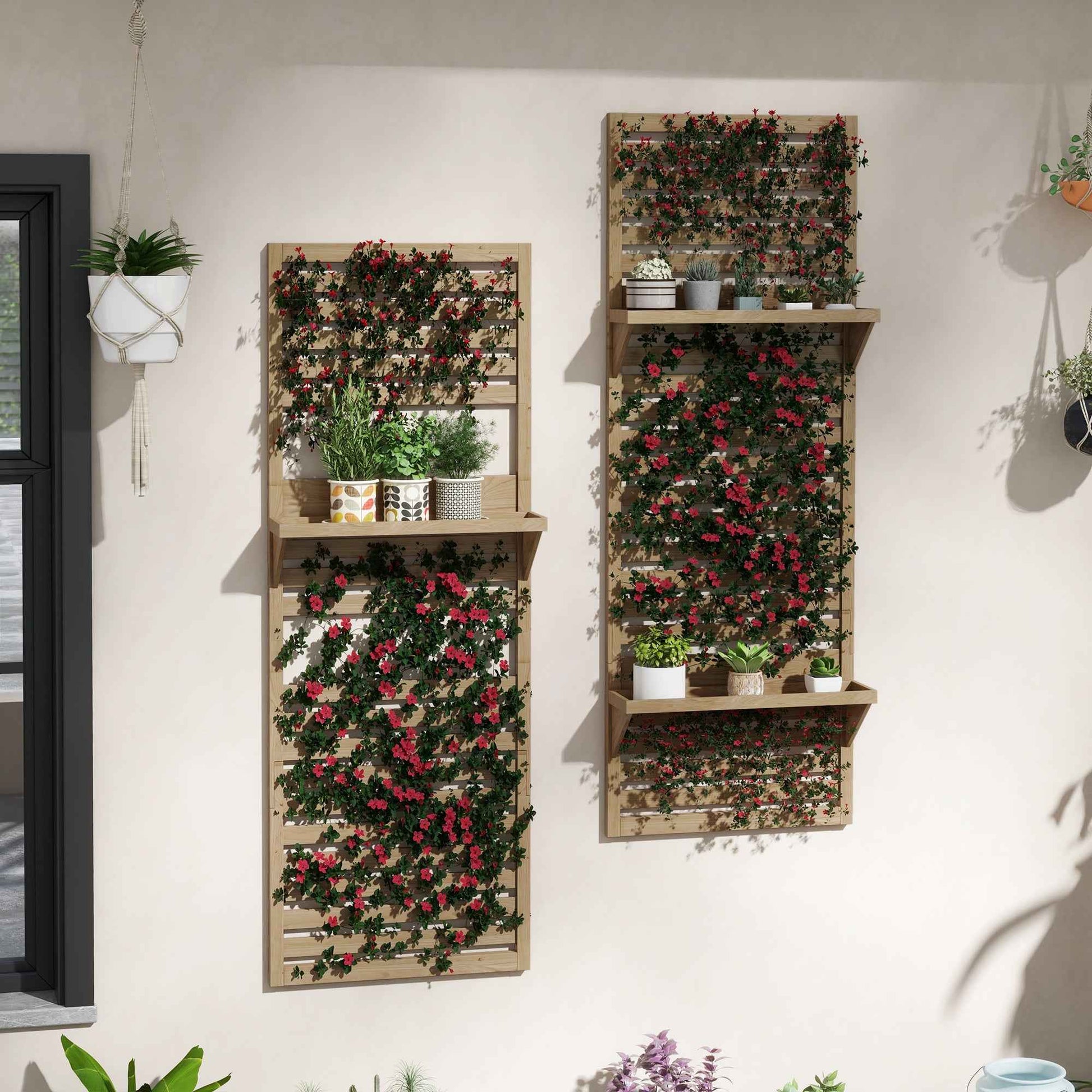 Wall Mounted Plant Stands Set Of 2, Fir Wood Flower Stand With Shelves And Slatted Trellis For Patio, Balcony, Porch