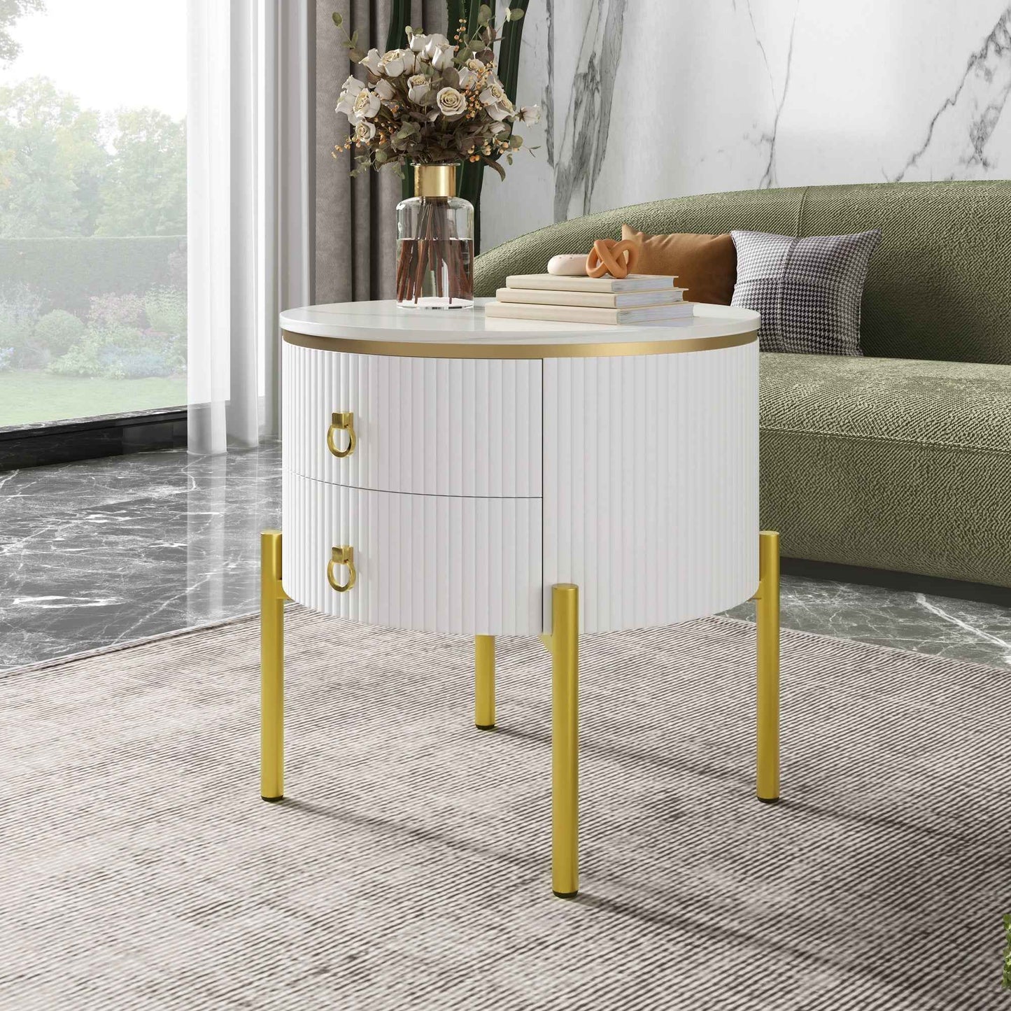 Side Table, Coffee Table With Drawers, Marble Texture, Gold Legs And Handles, Adjustable