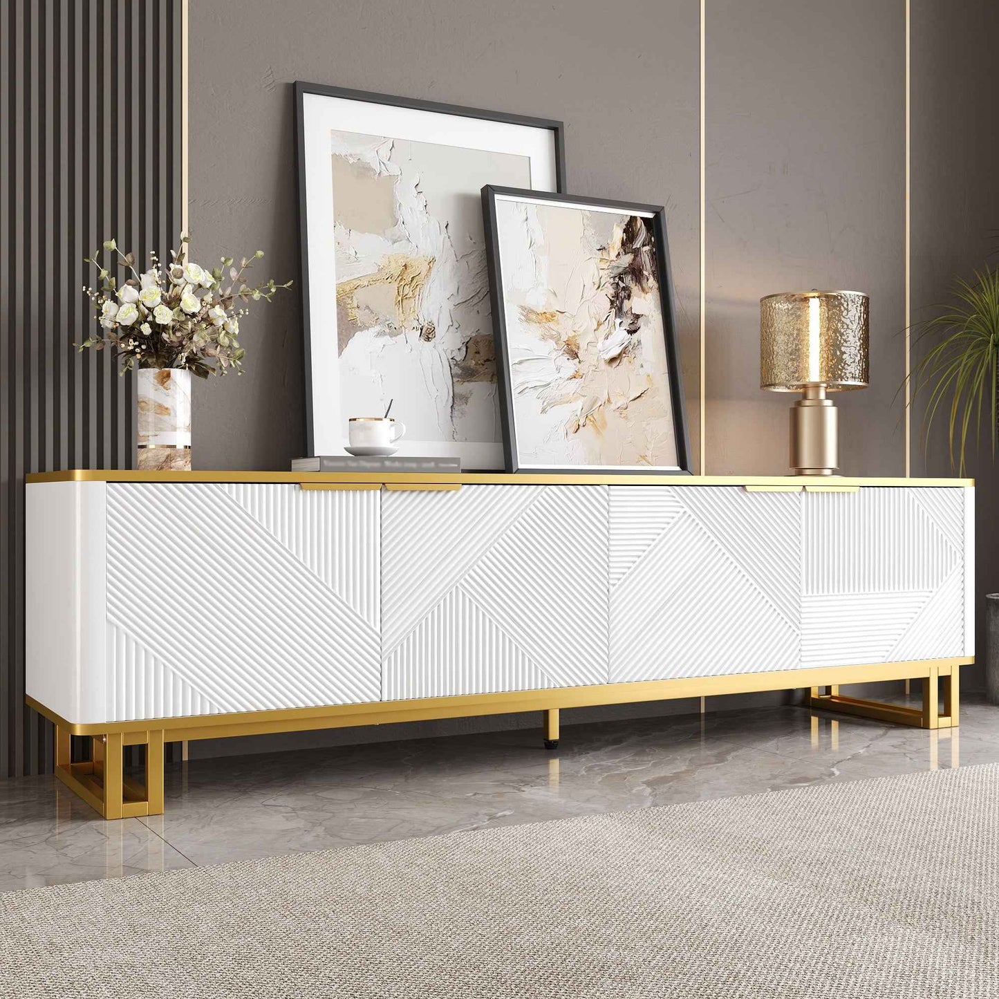 Elegant White and Gold Geometric TV Cabinet for Stylish Living Spaces
