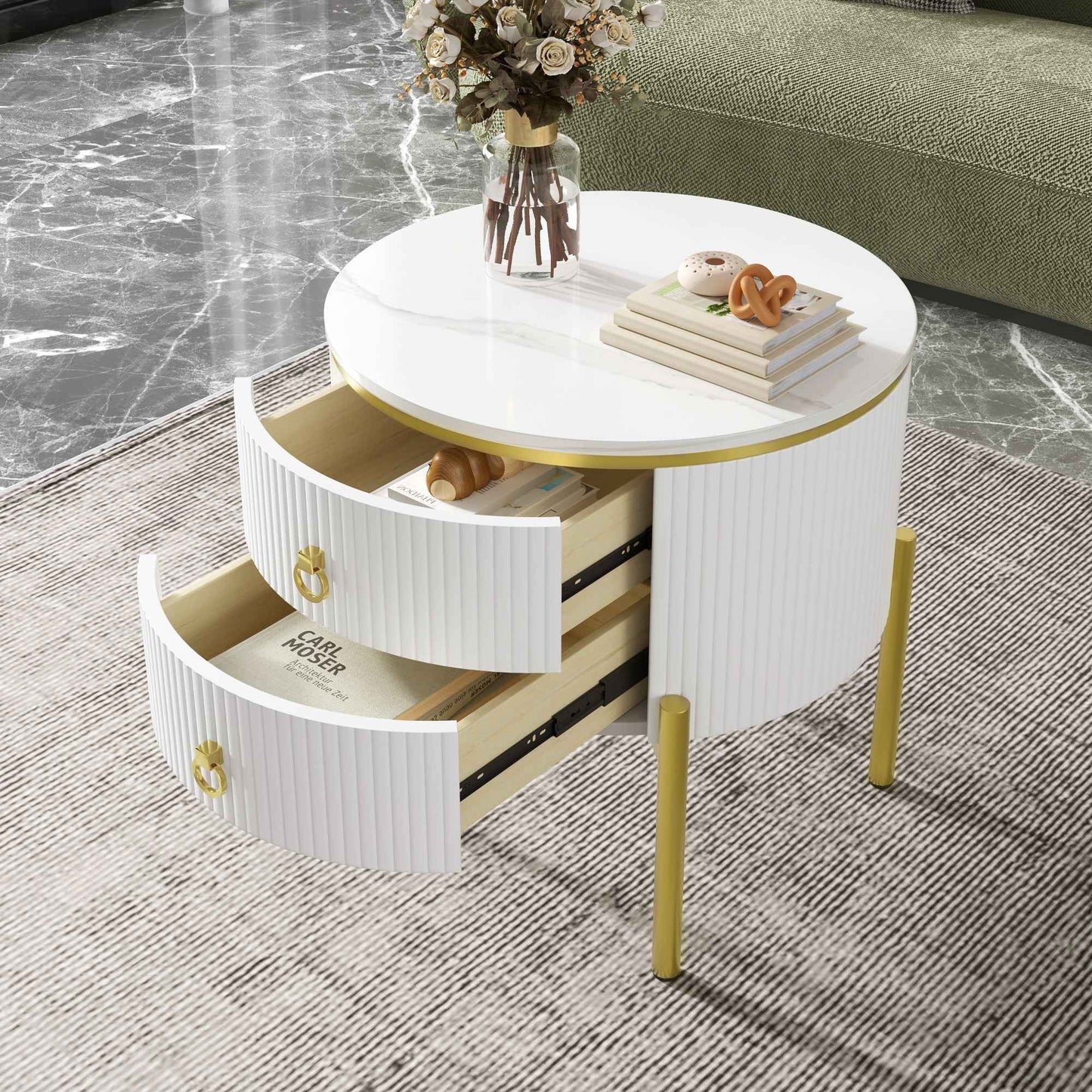 Side Table, Coffee Table With Drawers, Marble Texture, Gold Legs And Handles, Adjustable