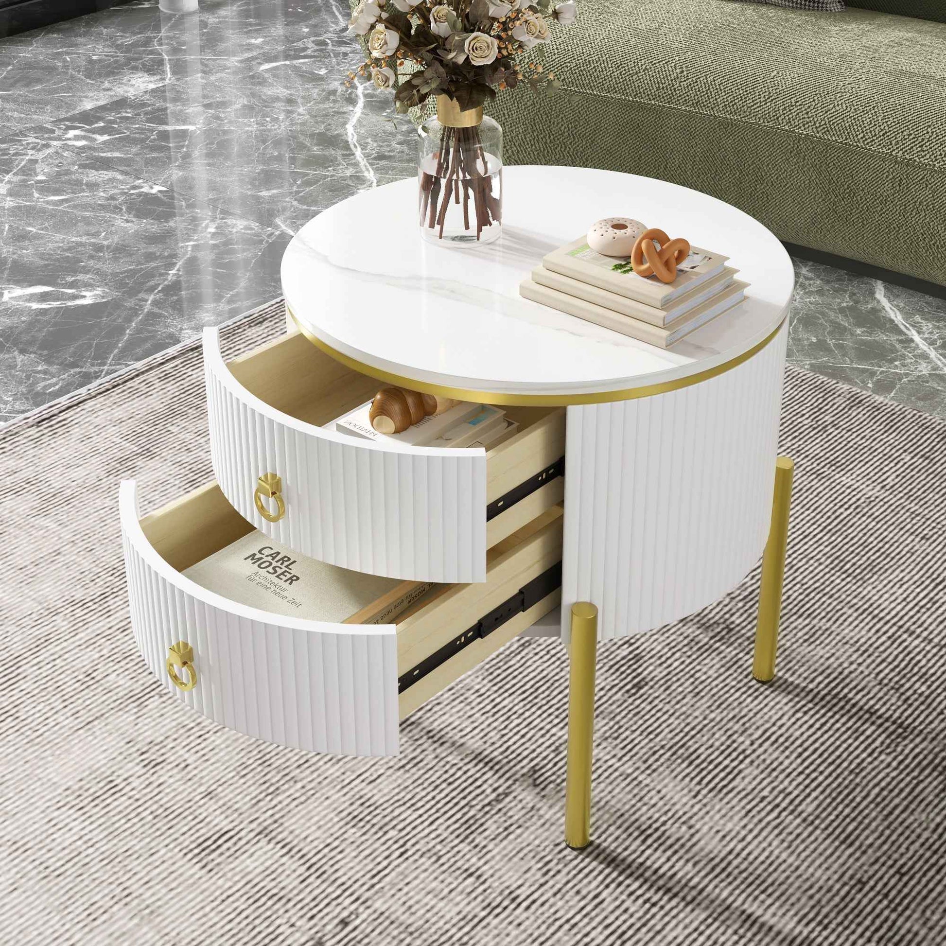 Side Table, Coffee Table With Drawers, Marble Texture, Gold Legs And Handles, Adjustable