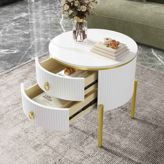 Side Table, Coffee Table With Drawers, Marble Texture, Gold Legs And Handles, Adjustable