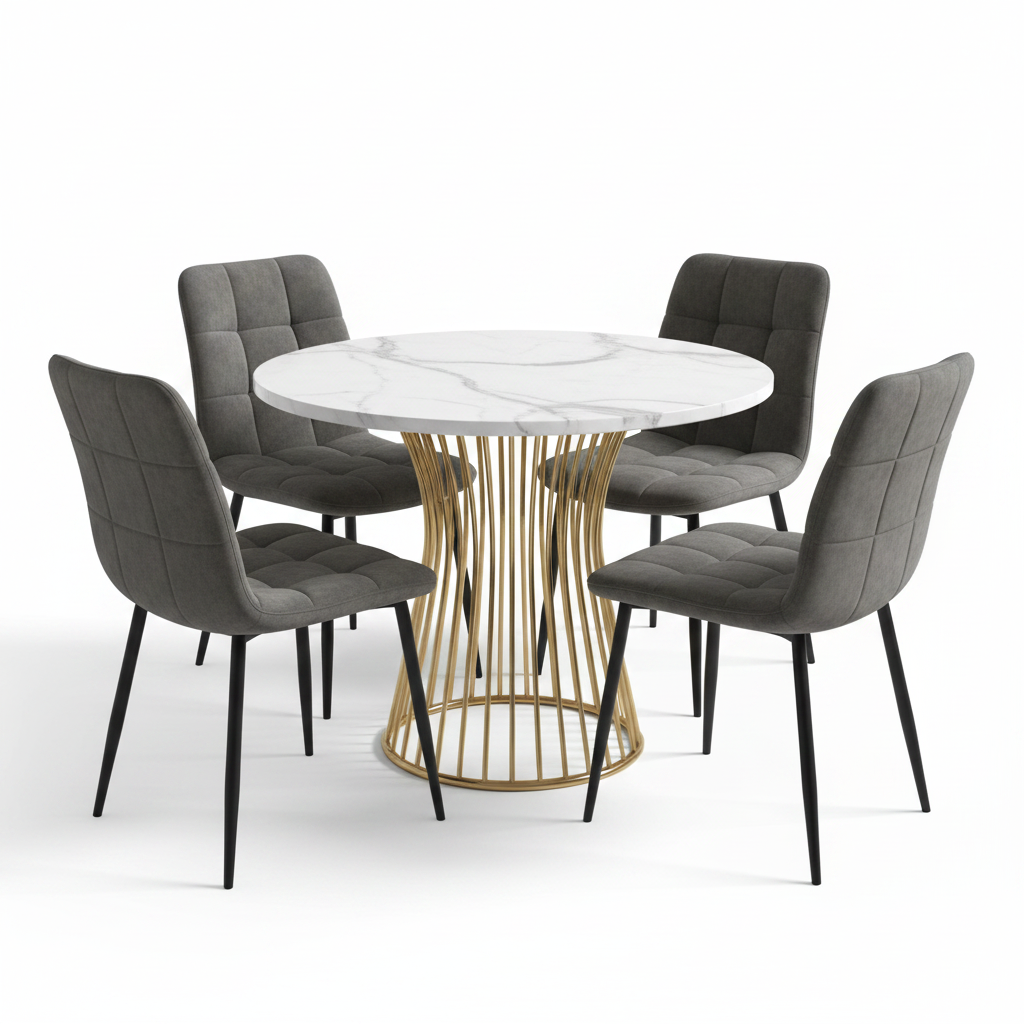 Stylish 5-Piece Round Dining Table Set with Golden Legs and Gray Linen Chairs